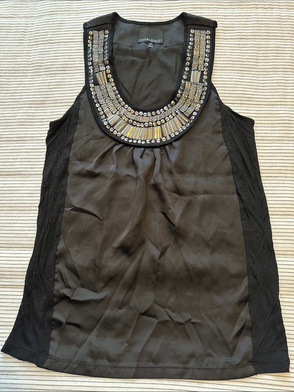 Cynthia Rowley Black Tank Top with Metallic Beaded Neckline
